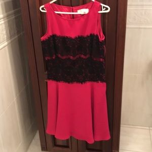 Hot pink fit and flair dress with black lace.